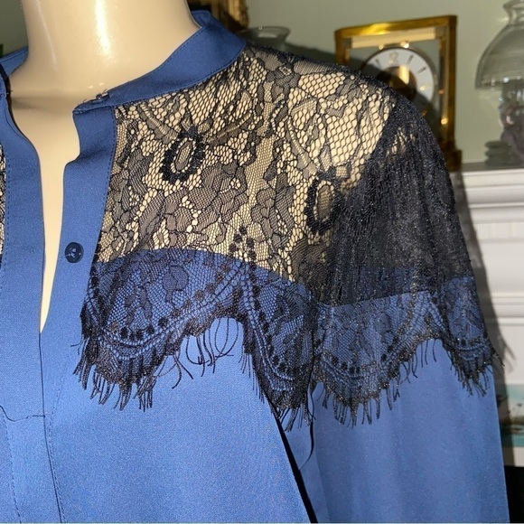 LAUREN Conrad classy navy blouse enhanced by lace shoulders and hidden buttons. - Picture 3 of 7